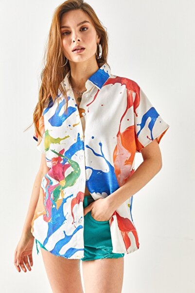 Olalook Női akvarell Saks kék denevér vászon kevert ing GML-19001121