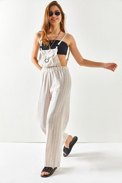 Olalook Women's Stone Kangaroo Pocket Strappy Tied Linen Jumpsuit TLM-19000150