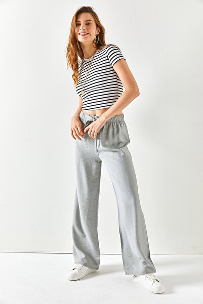 Olalook Kadın Gri Kuşaklı Beli Lastikli Palazzo Ayrobin Pantolon PNT-19000200