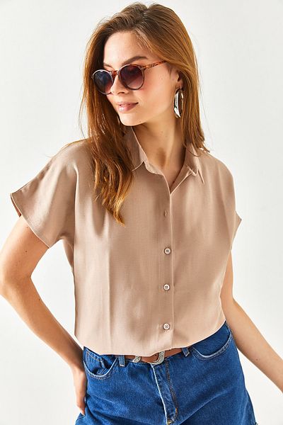 Olalook Women's Milk Coffee Bat Oversize Linen Shirt GML-19001109