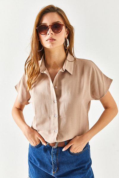 Olalook Women's Milk Coffee Bat Oversize Linen Shirt GML-19001109