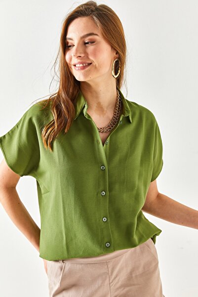Olalook Γυναικείο λινό πουκάμισο χακί μπατ Oversize GML-19001109