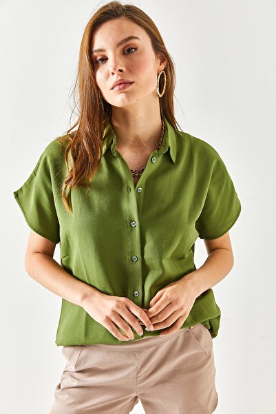 Olalook Γυναικείο λινό πουκάμισο χακί μπατ Oversize GML-19001109