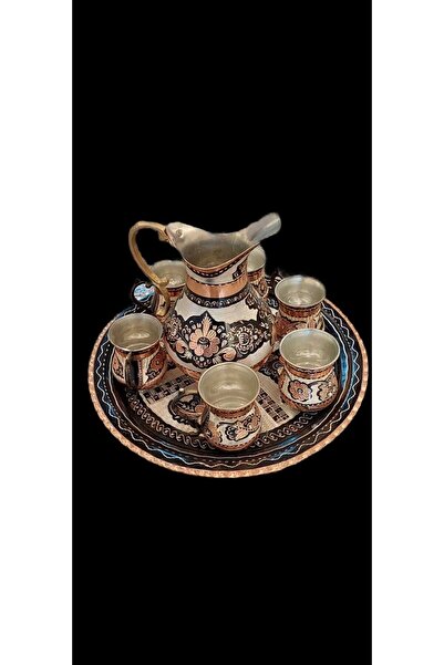 Bakır Center Ağır El Işlemeli Gül Çiçek Desenli Osmanlı Siyah Ayran Takımı Er...