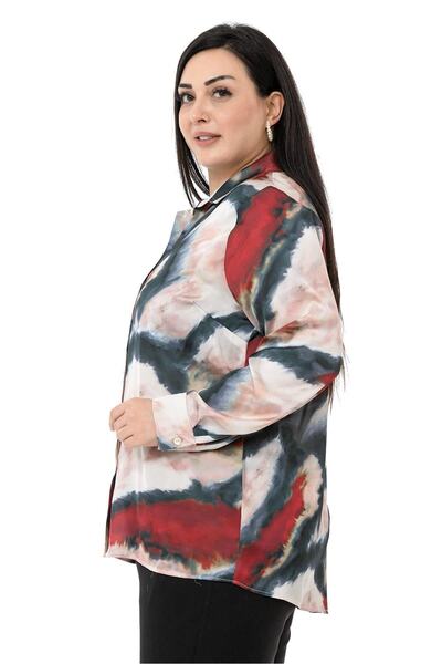 DISENTIS MODEST Large Size Tie-Dye Patterned Satin Claret Red Shirt