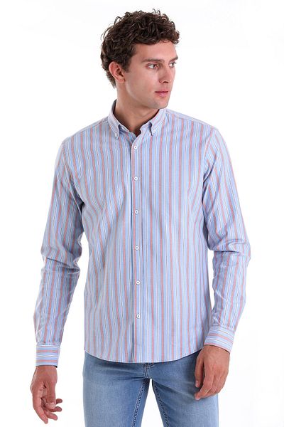 Hatemoğlu Red Slim Fit Striped Cotton Buttoned Collar Long Sleeve Casual Shirt