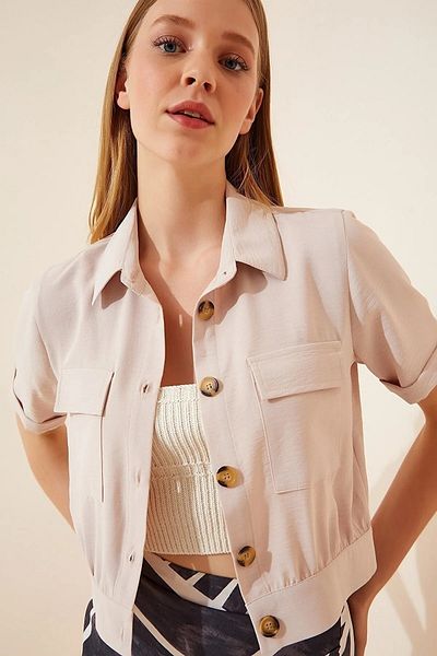 MEECY Cremefarbene, kurzärmlige Sommerjacke aus Leinen-Viskose für Damen mit Taschen