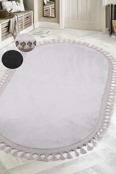 Teksev Relax Gri Oval Ponpon Saçaklı Makinede Yıkanabilir Kaymaz Taban Dekora...