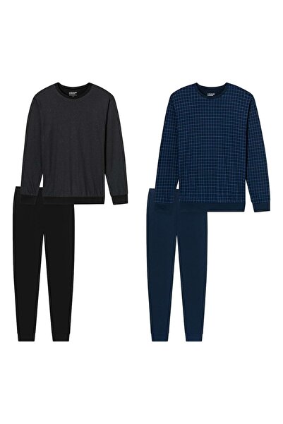 uncover by Schiesser Herren Schlafanzug 2-tlg. Set - lang, V-Ausschnitt, Baumwolle, uni/gemustert