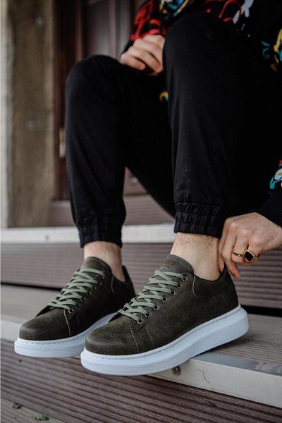 Paolo Zaccardi P044 Pantofi sport pentru bărbați, cu șireturi, cu talpă ortopedică înaltă/groasă, BT kaki