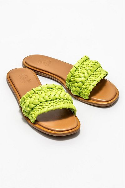 Elle Shoes Green Leather Women's Flat Slippers