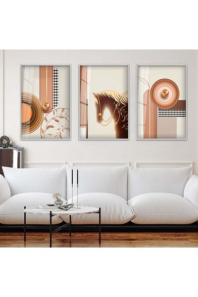 Zevahir Mobilya Dekorasyon Set de pictură din sticlă triplă, cu model abstract minimalist, cu cadru metalic argintiu