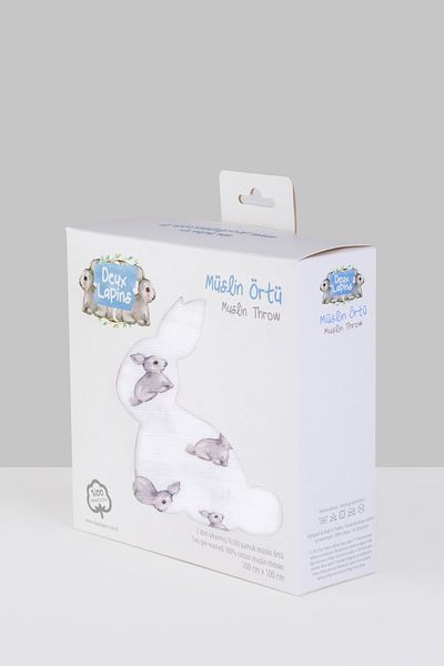 DEUX LAPINS 2-Piece Muslin Baby Blanket - 100% Cotton, Iconique Lapin and Endless Blue 100X100