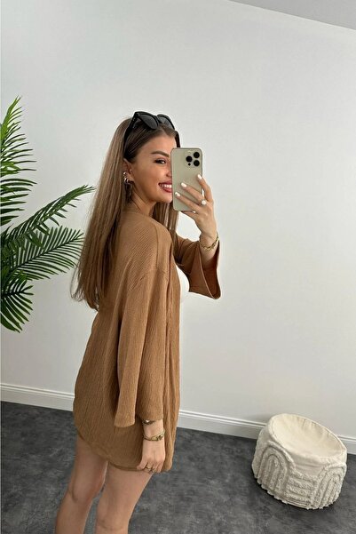 HARMONY GLOBAL Kimono Seersucker Set with Shorts CAMEL