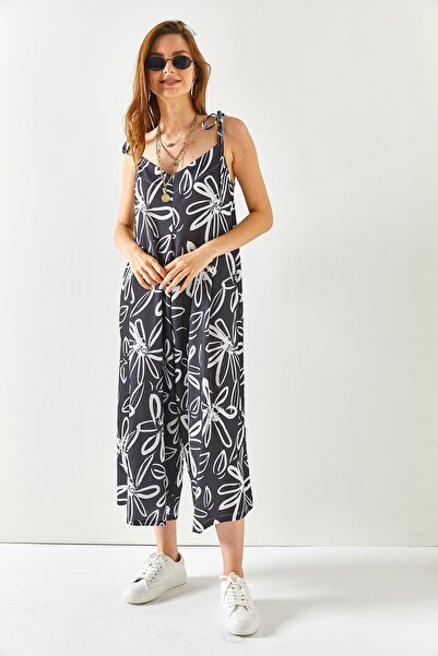 Olalook Women's Black Strap Tie Patterned Camisole Jumpsuit TLM-19000149