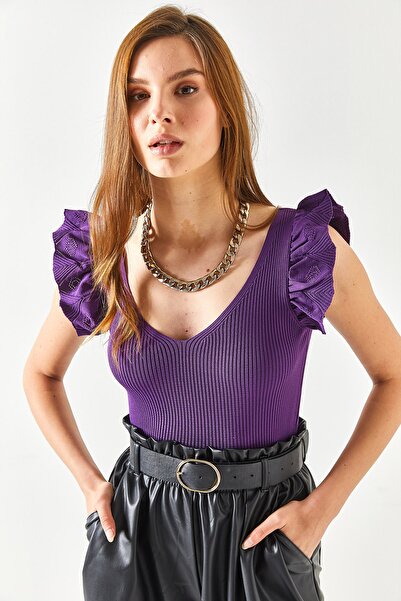 Olalook Damska fioletowa dzianinowa bluzka z przodu i z tyłu, w kształcie litery V, z falbaną na ramionach BLZ-19001097