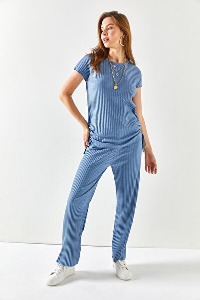 Olalook Kadın Bebe Mavi Yanı Büzgülü Bluz Palazzo Pantolon Takım TKM-19000196
