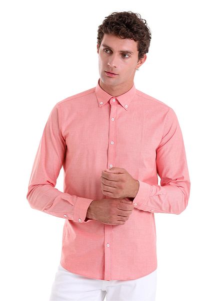 Hatemoğlu Πορτοκαλί Slim Fit Μασίφ 100% βαμβακερό γιακά με μακρυμάνικο κλασικό πουκάμισο