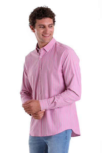 Hatemoğlu Ροζ Slim Fit ριγέ βαμβακερό γιακά με μακρυμάνικο πουκάμισο