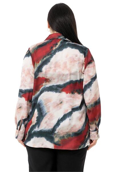 DISENTIS MODEST Large Size Tie-Dye Patterned Satin Claret Red Shirt