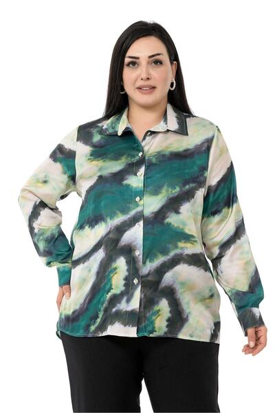 DISENTIS MODEST Büyük Beden Batik Desenli Saten Yeşil Gömlek