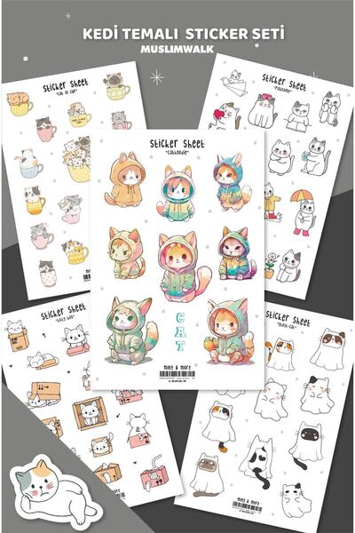 MuslimWalk Katze - Kedi Temalı Kedili 5'li Sticker Seti (Kittybox, Cat in Cup...