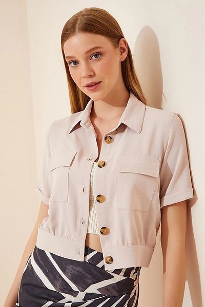 MEECY Cremefarbene, kurzärmlige Sommerjacke aus Leinen-Viskose für Damen mit Taschen