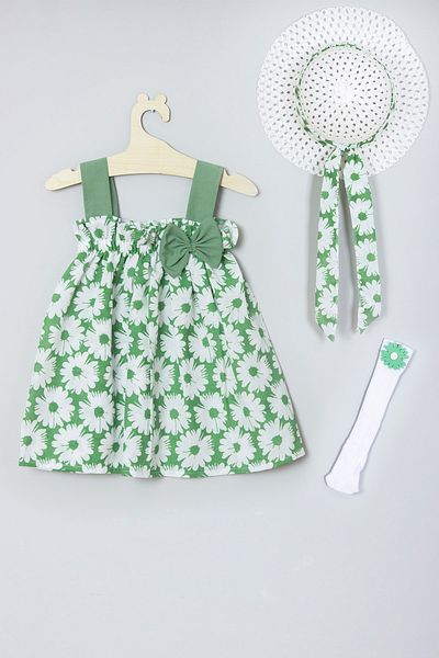 ADABEBEK Flower Patterned Dress with Hat, Knee-Length Socks Set 012