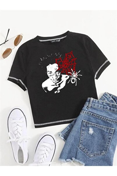 Touz Y2k Spider Pattern Black Crop - خياطة عكسية حادة