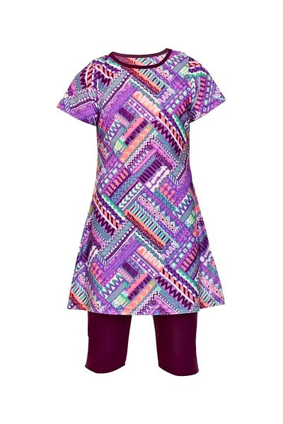 Emayo Short Sleeve Tights Swimsuit Purple Patterned