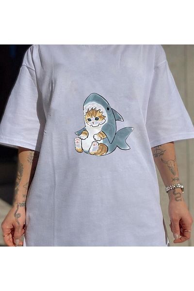 Touz Tricou oversize alb unisex - Blunt Blunt Shark Cat Patterned