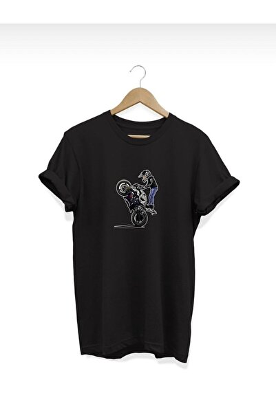 BYMEER Unisex Siyah Dikey Motor,motorsiklet Baskılı Bisiklet Yaka Pamuklu Ove...