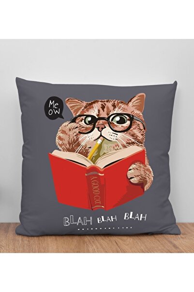 Bk Gift Kedi Tasarımlı Antrasit Kırlent Yastık, Arkadaşa Hediye, Ev Dekorasyo...