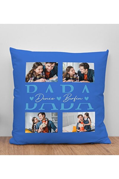 Bk Gift Kişiye Özel Fotoğraflı Babalar Günü Tasarımlı Mavi Kırlent Yastık-3 B...