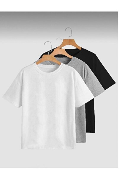 Revasser Unisex 3'lü Çoklu Kombin T-shirt - Siyah, Beyaz Ve Gri Oversize Bisi...