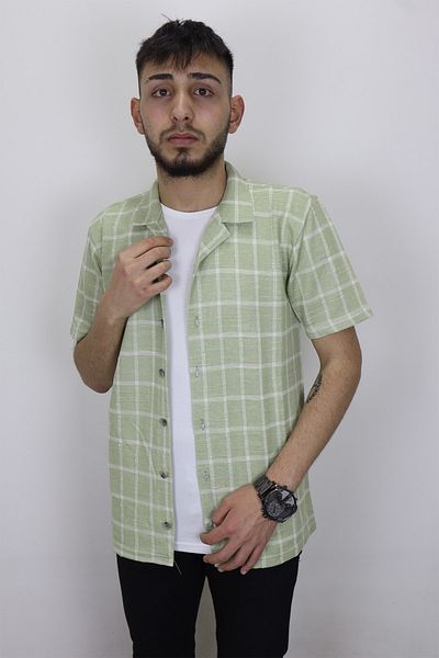 HACKER DENIM Fistan Store Men's Green Mercerized Cotton Patterned Sports Fit Comfortable Fit Summer Short Sleeve Shirt