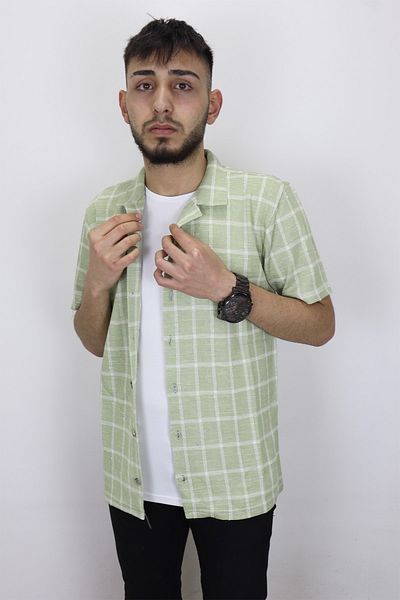 HACKER DENIM Fistan Store Men's Green Mercerized Cotton Patterned Sports Fit Comfortable Fit Summer Short Sleeve Shirt
