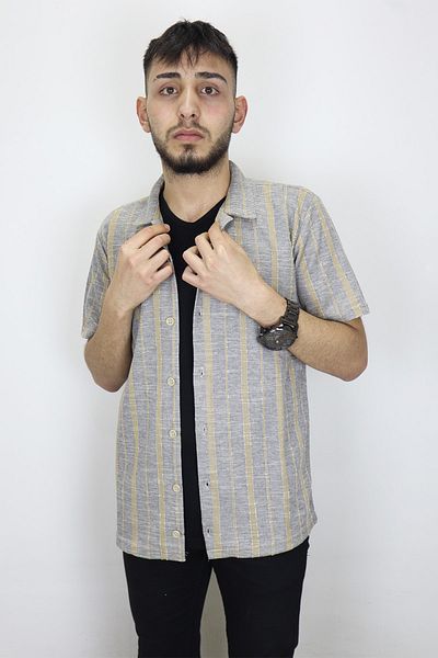 HACKER DENIM Fistan Store Men's Gray Mercerized Cotton Patterned Sports Fit Comfortable Fit Summer Short Sleeve Shirt