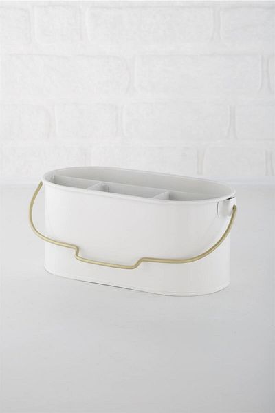 ANJEAHOME Olathe Galvanized - 4 Compartments White and Antique Gold Handle Basket Spoon Holder 28X14X13 cm