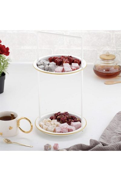ANJEAHOME 2-Layer Galvanized Knitted Water Bowl - White and Gold Edge, 18X34 cm
