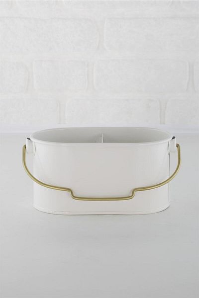 ANJEAHOME White and Antique Gold 2-Compartment Galvanized Basket - Multi-Purpose Spoon Holder 22X13X12 cm