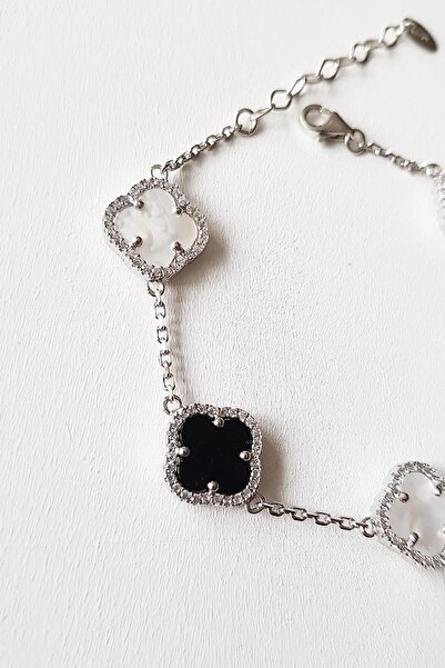 MorMajor Silver Yonca Siyah Beyaz Sedef Onix Gümüş Bileklik - Orta