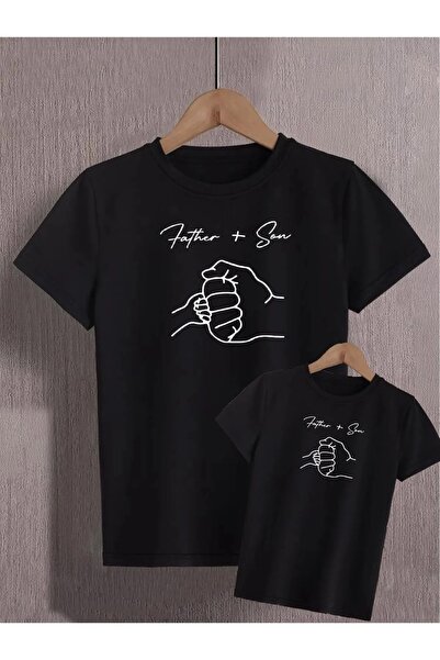 Machetta تي شيرت قطني مطبوع عليه الأب والابن باللون الأسود