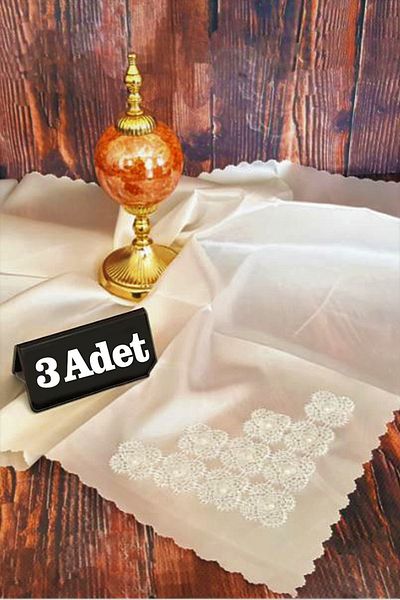 Çt Çeyizci Tekstil Πακέτο προίκας 3 τεμαχίων, Πακέτο αρραβώνων με δαντέλα σατέν - κρέμα