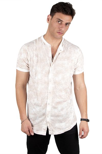 DeepSEA Men's Beige Digital Printed Short Sleeve Combed Cotton Shirt2305010