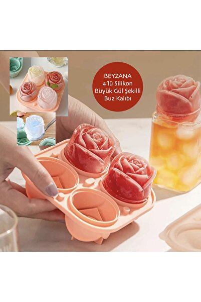 BEYZANA Pratik 4'lü Silikon Büyük Gül Şekilli Buz Kalıbı | 4 Adet Silikon Gül...