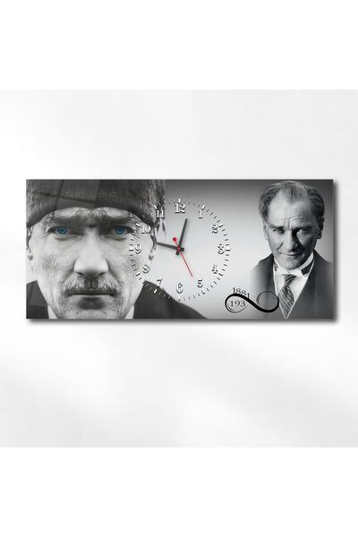 marpanya Atatürk 1881-1938 Yatay Ortadan Saatli Vatan Temalı Cam Tablo 065