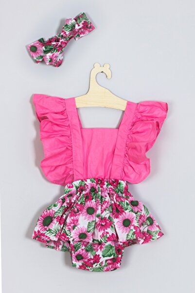 ADABEBEK Kız Çocuk Fırfırlı Çiçek Desenli Bandanalı Salopet Takım