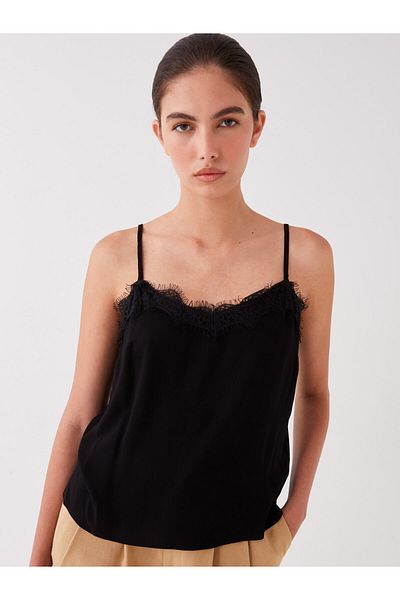 LC Waikiki Damenbluse aus Viskose mit U-Ausschnitt, Spitze und detaillierten Riemchen