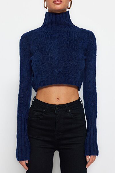 Trendyol Collection Puha textúrájú sötétkék Crop kötöttáru pulóver - TWOAW20KZ1175